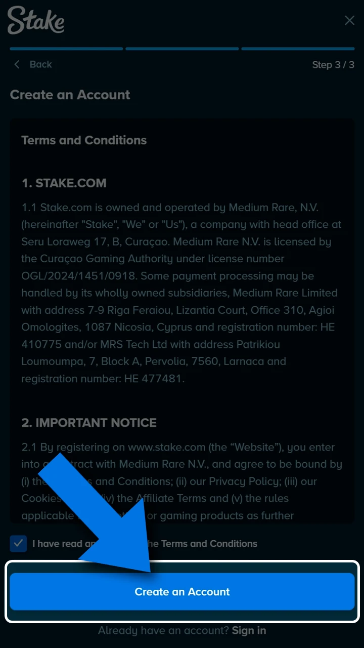 Finalize your new player profile on Stake.