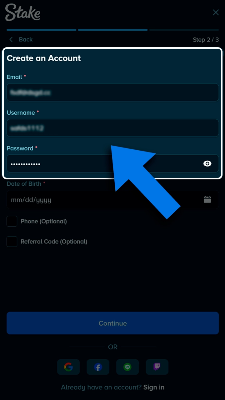 Fill in the required information to register an account with Stake.